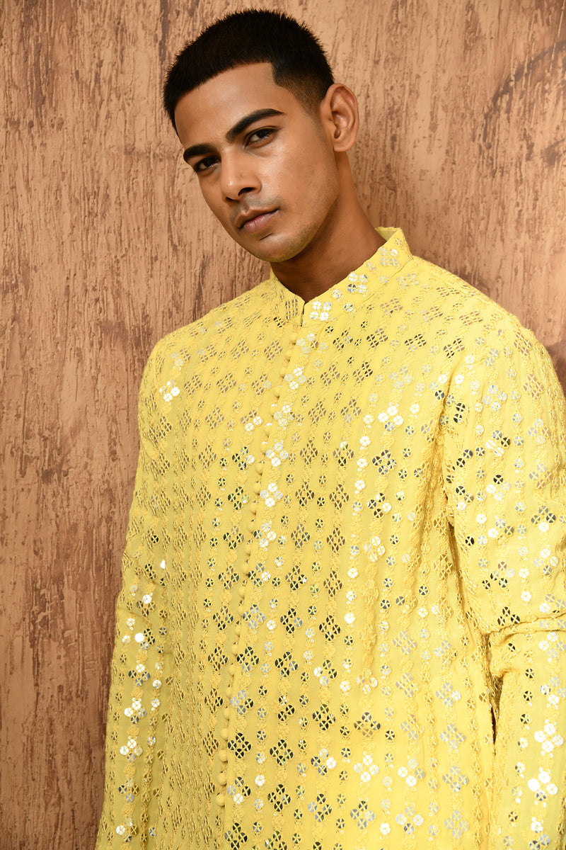 YELLOW GEORGETTE mens kurta pajama with sequencework