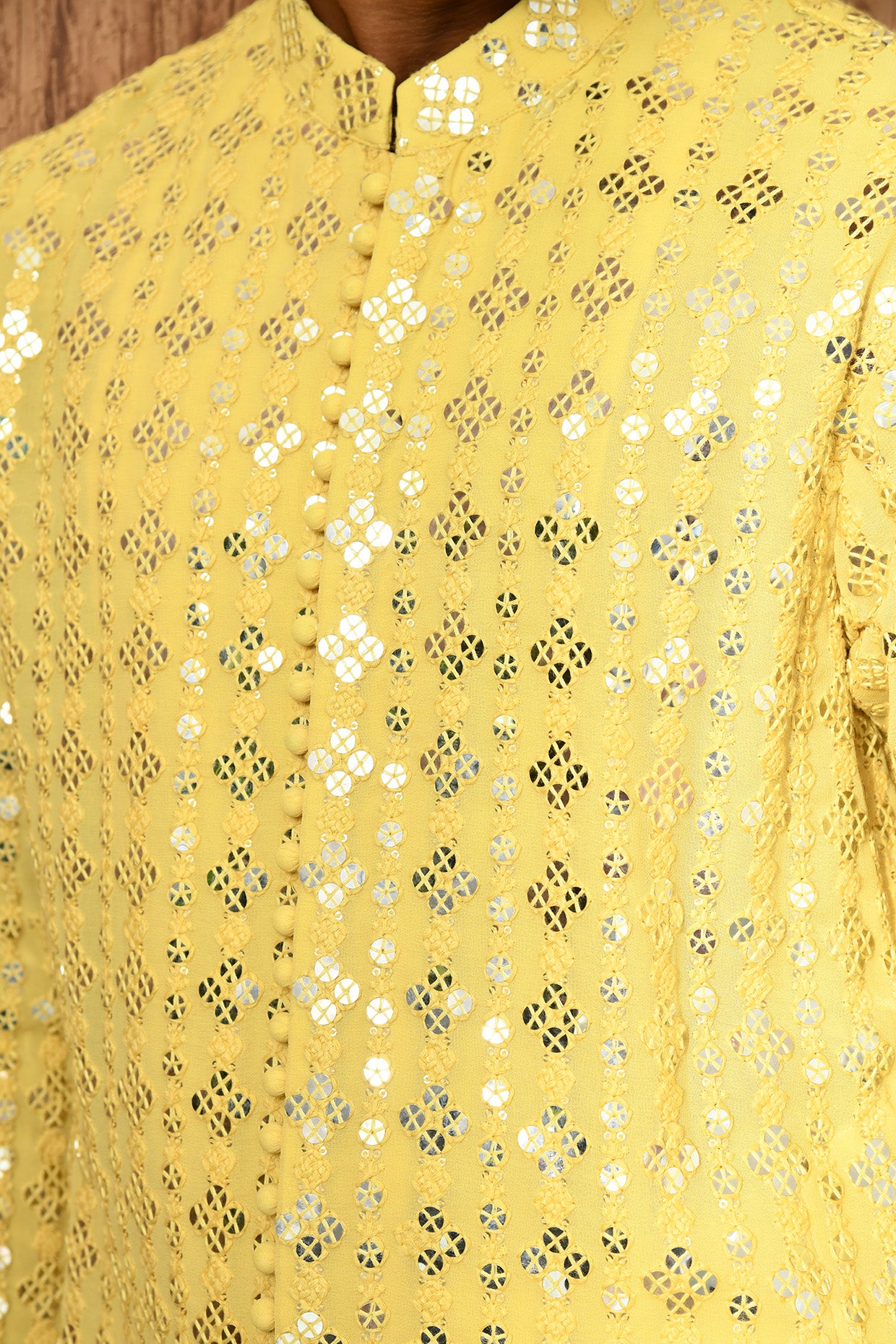YELLOW GEORGETTE mens kurta pajama with sequencework