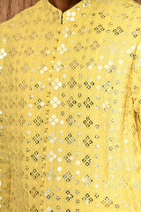 YELLOW GEORGETTE mens kurta pajama with sequencework