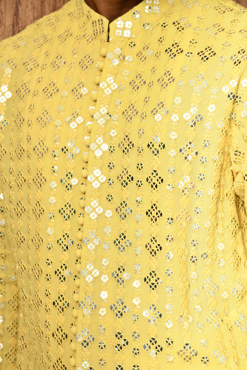 YELLOW GEORGETTE mens kurta pajama with sequencework
