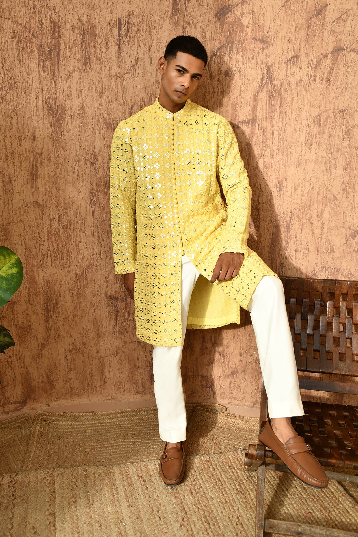 YELLOW GEORGETTE mens kurta pajama with sequencework