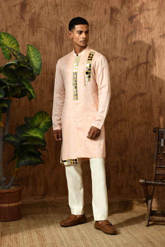 PEACH CHANDERI mens kurta pajama with mirrorwork