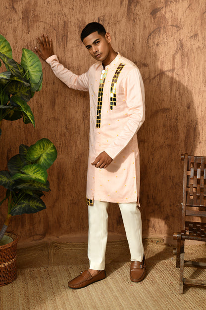 PEACH CHANDERI mens kurta pajama with mirrorwork