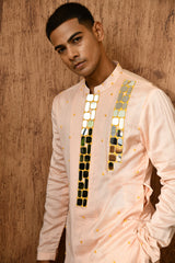 PEACH CHANDERI mens kurta pajama with mirrorwork