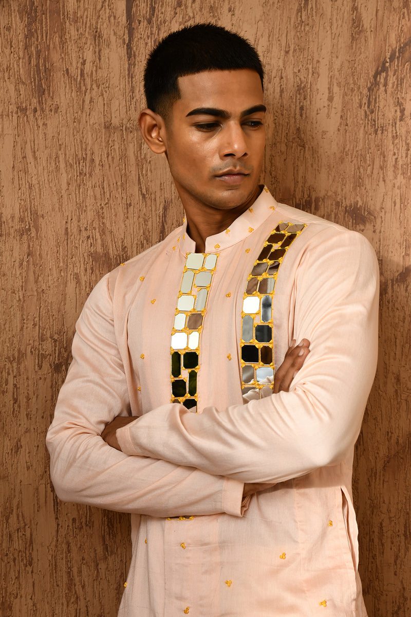 PEACH CHANDERI mens kurta pajama with mirrorwork
