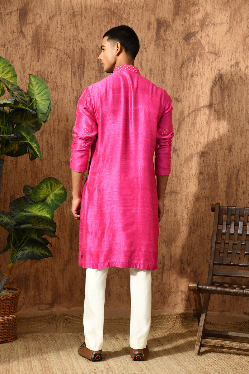 PINK RAW SILK mens kurta pajama with mirrorwork