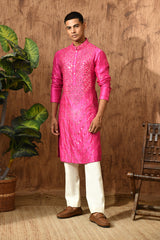 PINK RAW SILK mens kurta pajama with mirrorwork