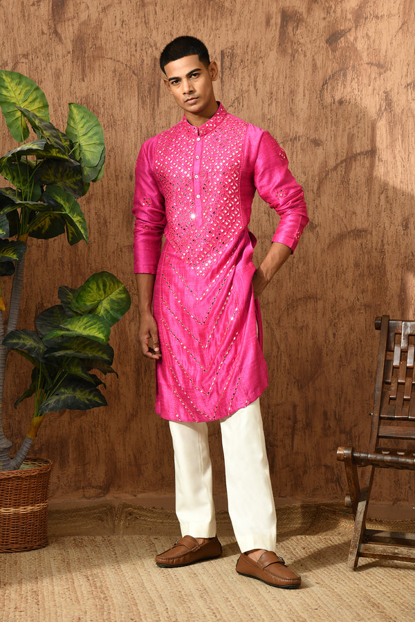 PINK RAW SILK mens kurta pajama with mirrorwork