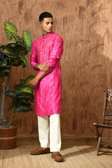 PINK RAW SILK mens kurta pajama with mirrorwork