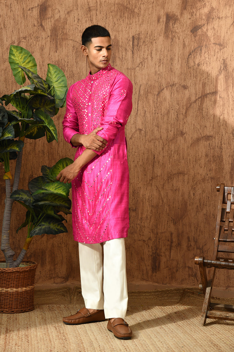 PINK RAW SILK mens kurta pajama with mirrorwork