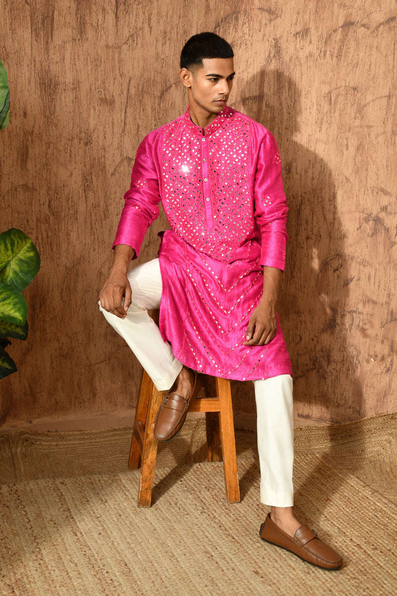 PINK RAW SILK mens kurta pajama with mirrorwork