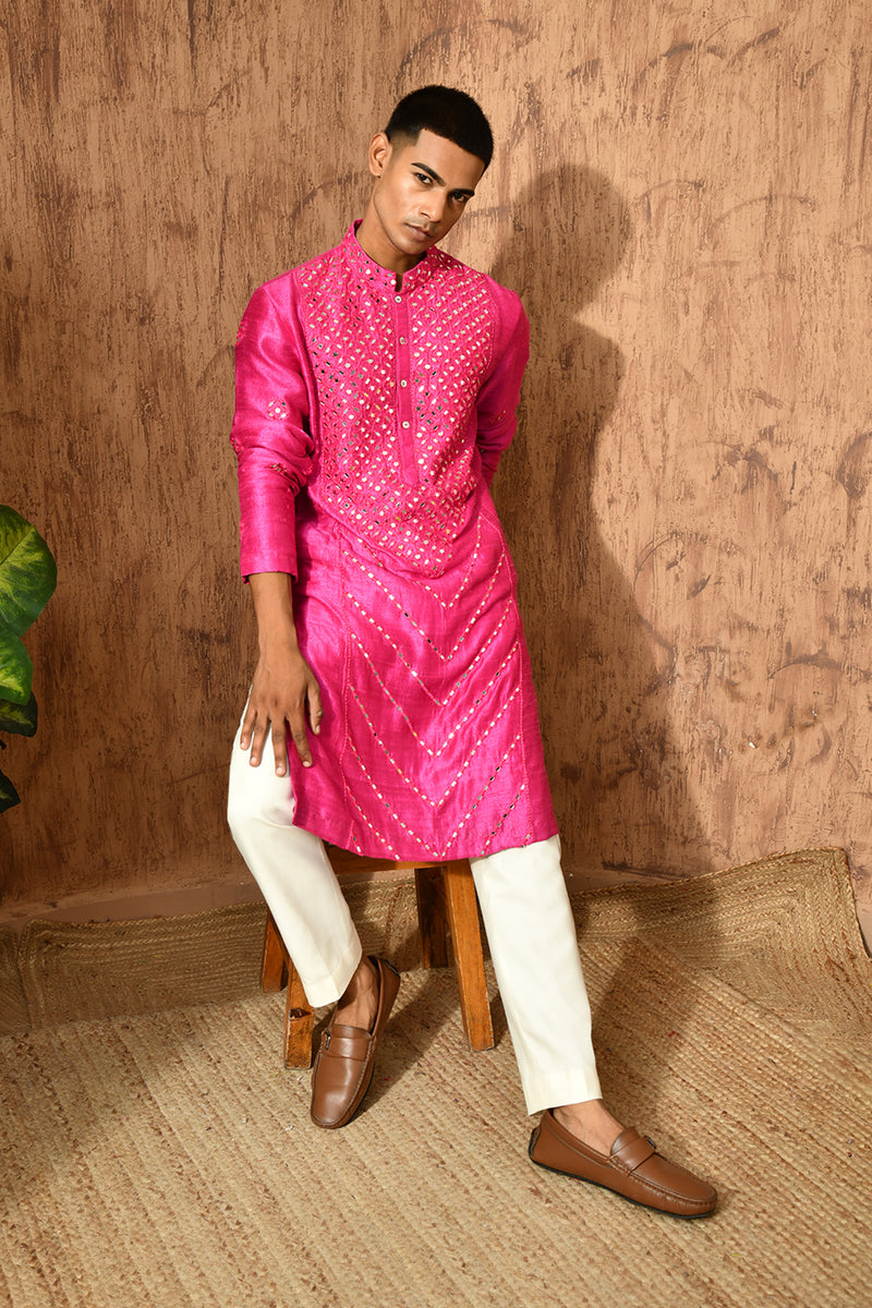 PINK RAW SILK mens kurta pajama with mirrorwork