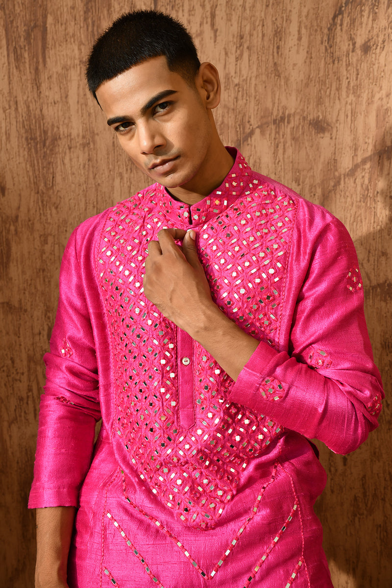 PINK RAW SILK mens kurta pajama with mirrorwork