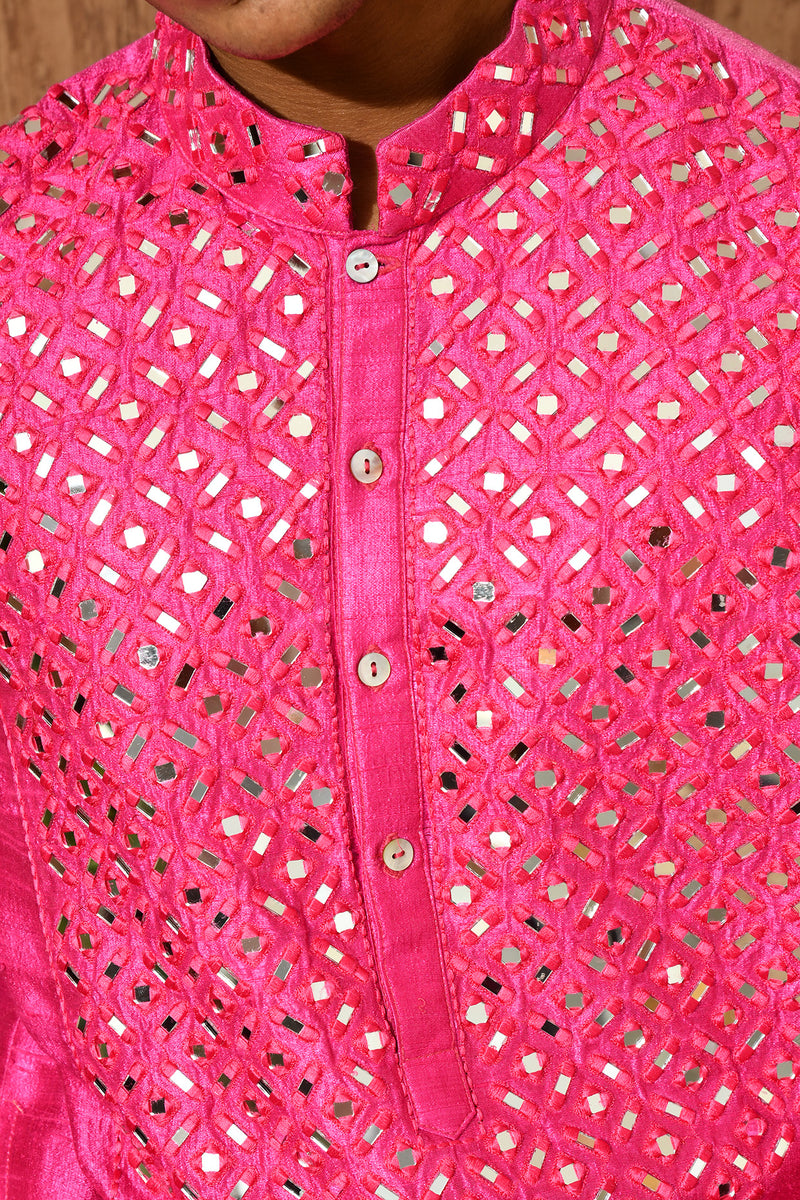 PINK RAW SILK mens kurta pajama with mirrorwork