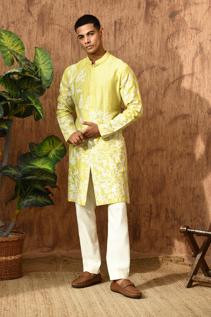 GREEN CHANDERI mens kurta pajama with patchwork and detailing