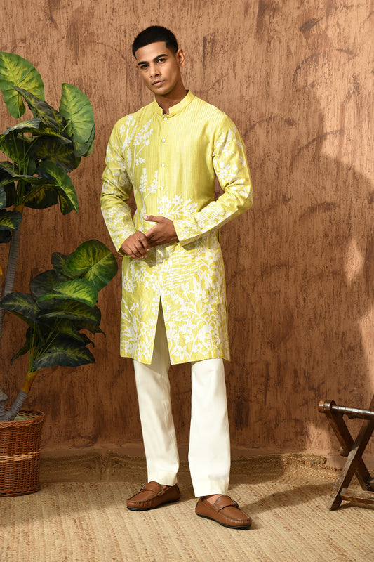 GREEN CHANDERI mens kurta pajama with patchwork and detailing