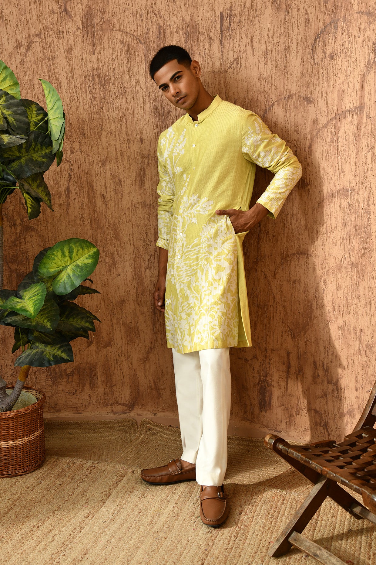 GREEN CHANDERI mens kurta pajama with patchwork and detailing