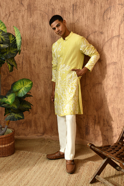 GREEN CHANDERI mens kurta pajama with patchwork and detailing