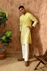 GREEN CHANDERI mens kurta pajama with patchwork and detailing
