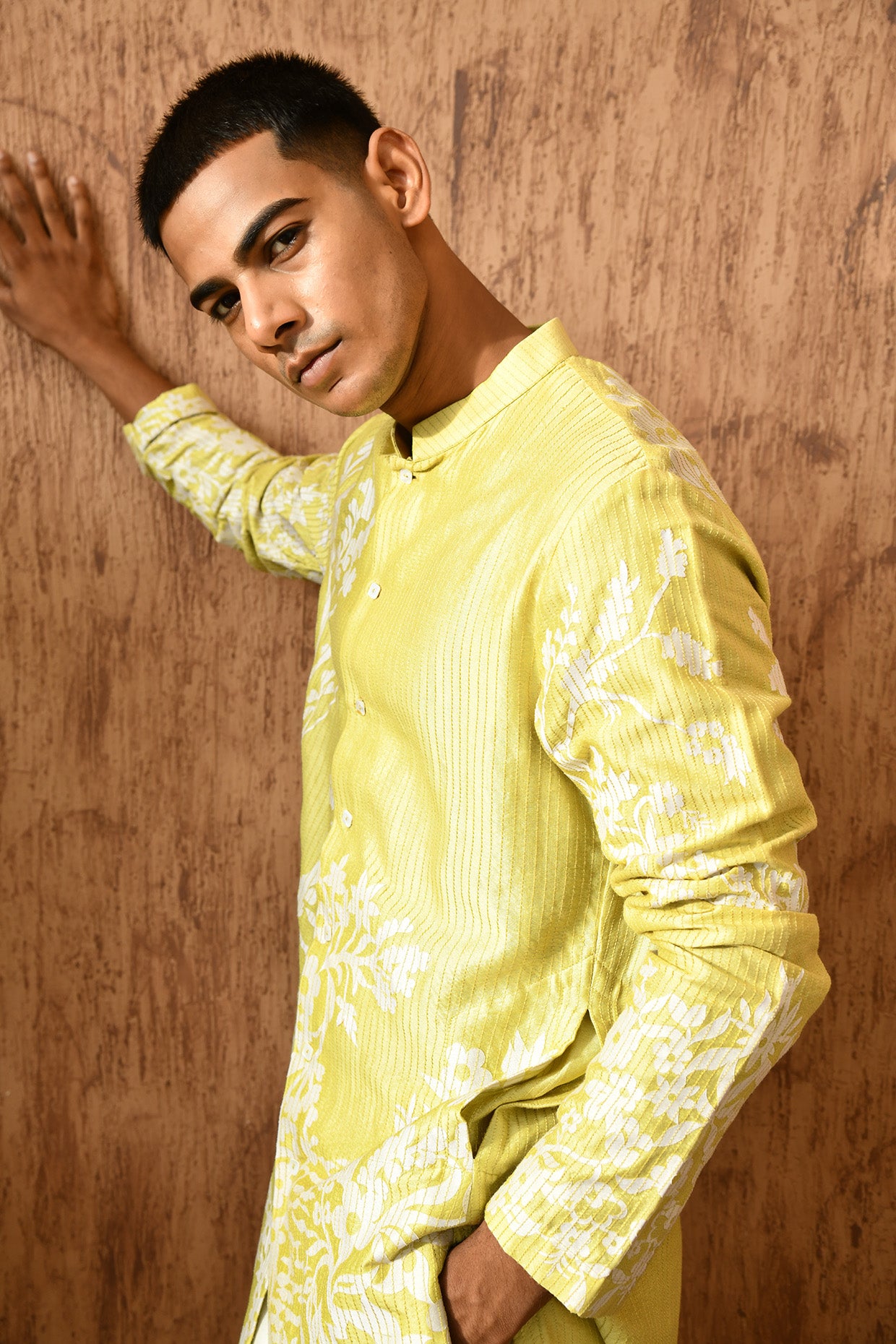GREEN CHANDERI mens kurta pajama with patchwork and detailing