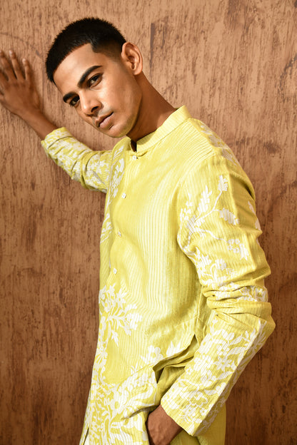 GREEN CHANDERI mens kurta pajama with patchwork and detailing
