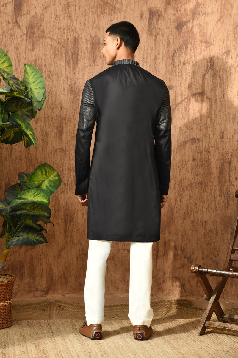 BLACK COTTON mens kurta pajama with detailing