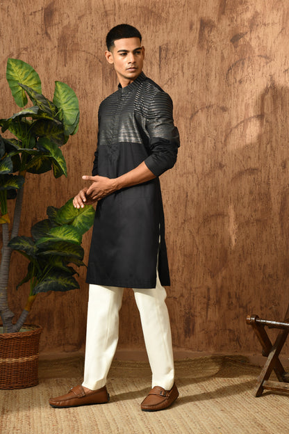 BLACK COTTON mens kurta pajama with detailing