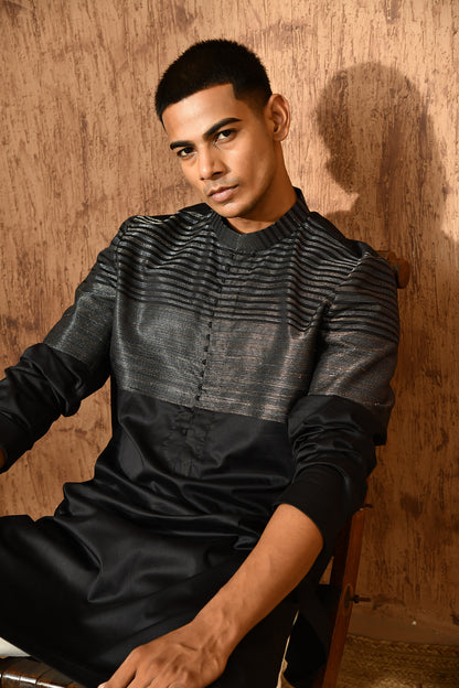 BLACK COTTON mens kurta pajama with detailing