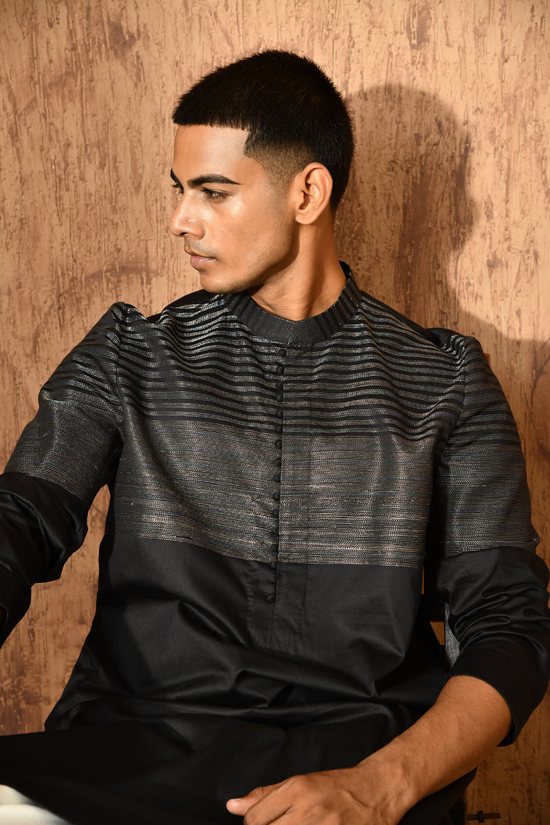 BLACK COTTON mens kurta pajama with detailing