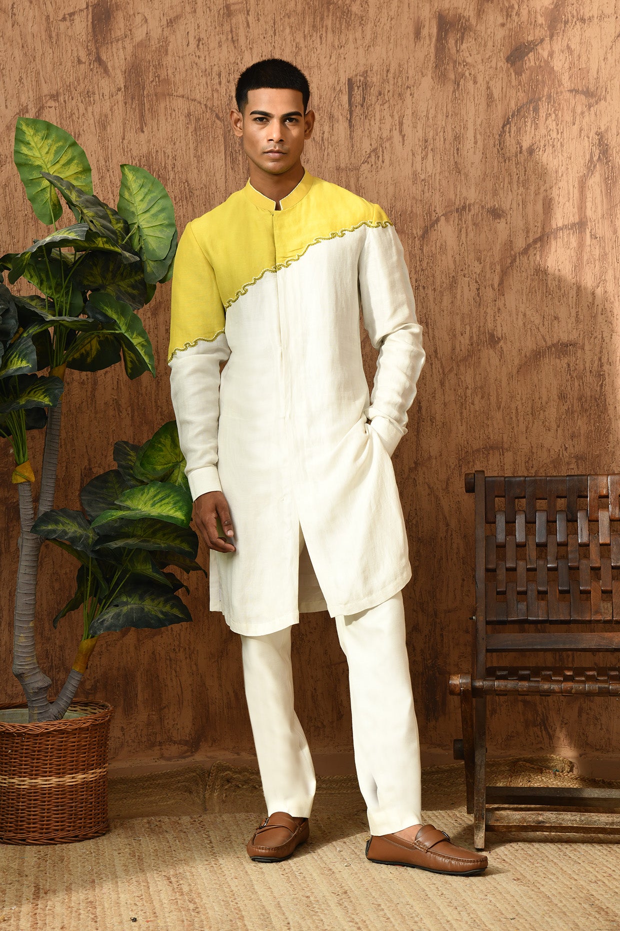 GREEN LINEN SATIN mens kurta pajama with frenchknots embroidery