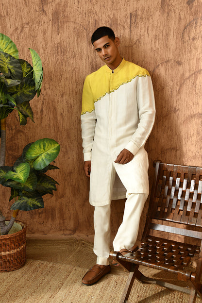 GREEN LINEN SATIN mens kurta pajama with frenchknots embroidery