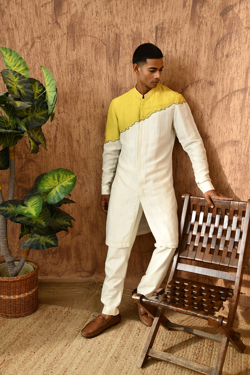 GREEN LINEN SATIN mens kurta pajama with frenchknots embroidery