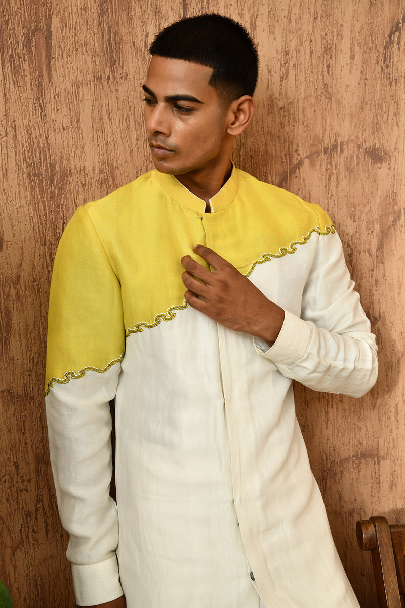 GREEN LINEN SATIN mens kurta pajama with frenchknots embroidery