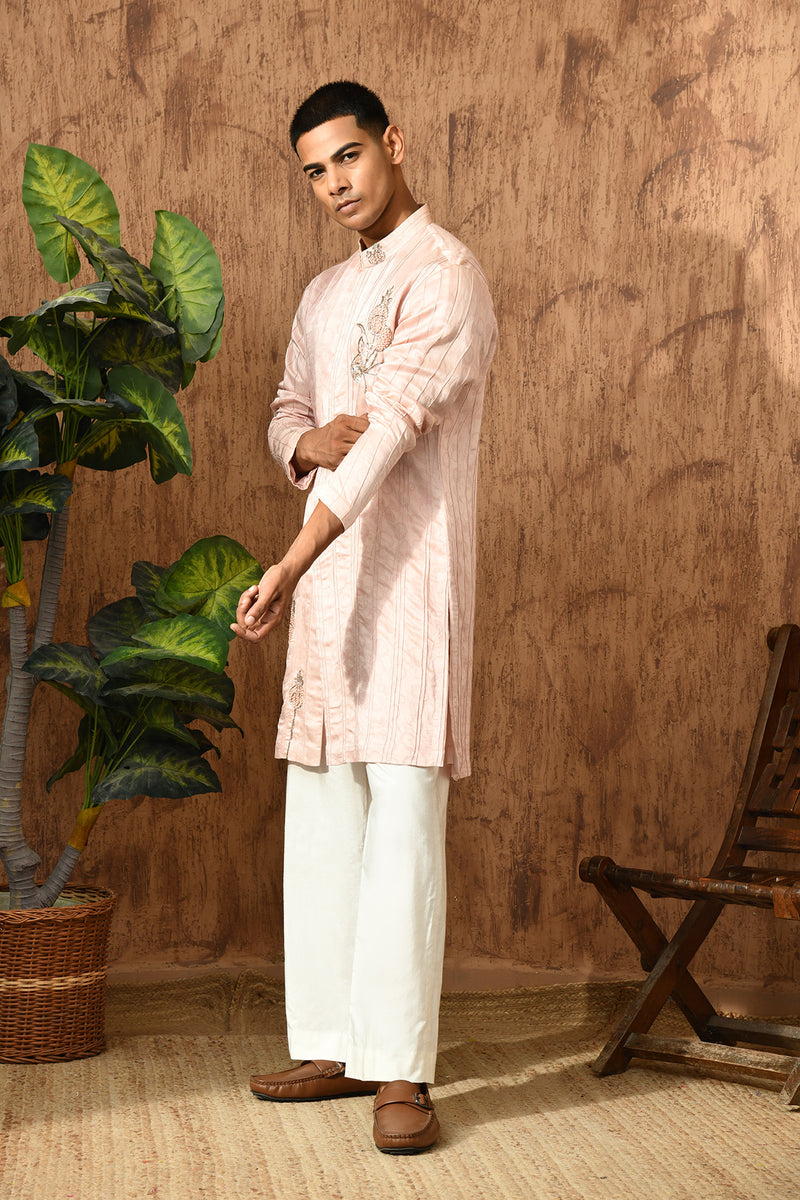 PINK LINEN SATIN mens kurta pant with zardozi