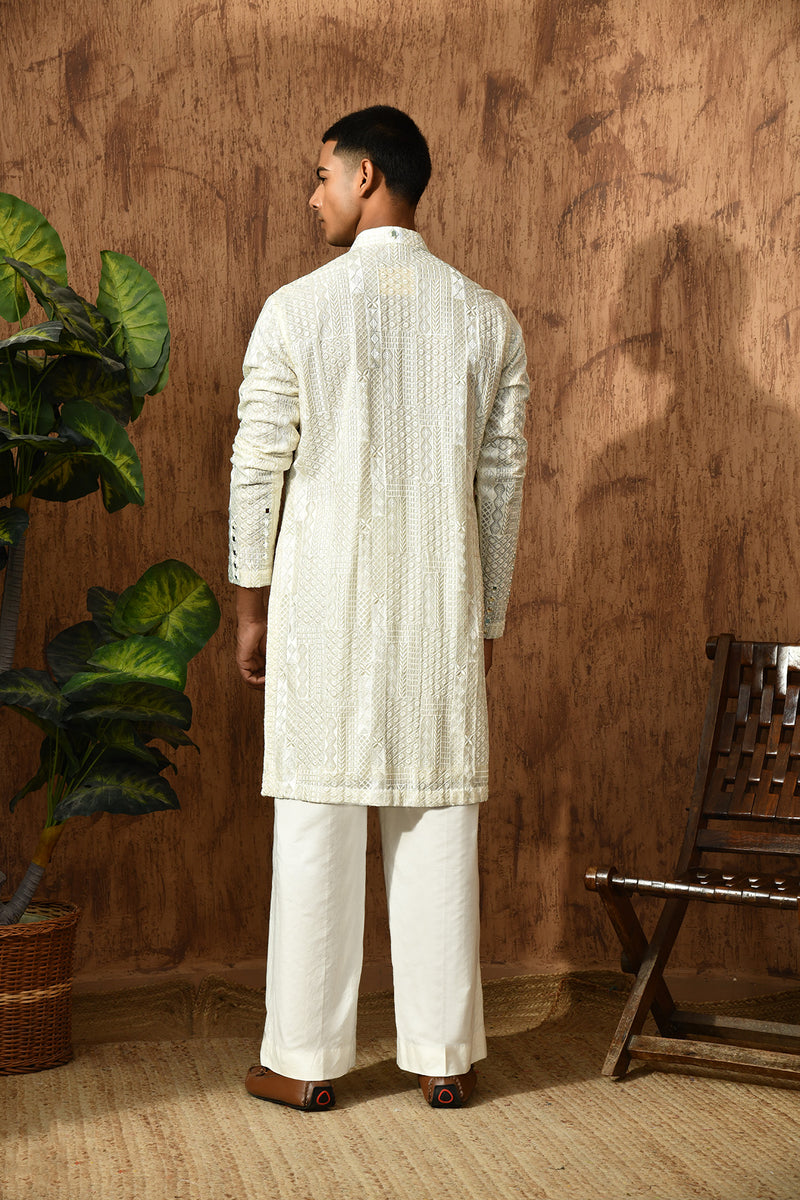 IVORY GEORGETTE mens kurta pant with mirrorwork