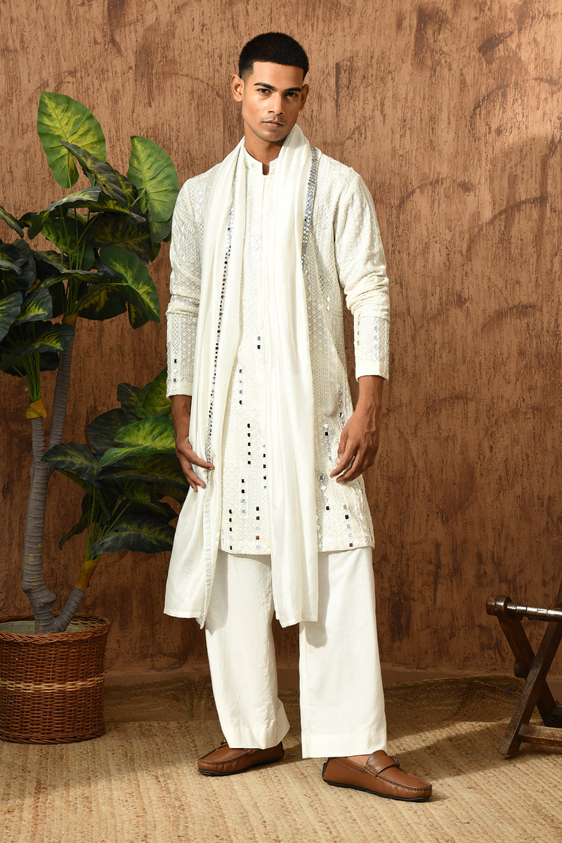IVORY GEORGETTE mens kurta pant with mirrorwork