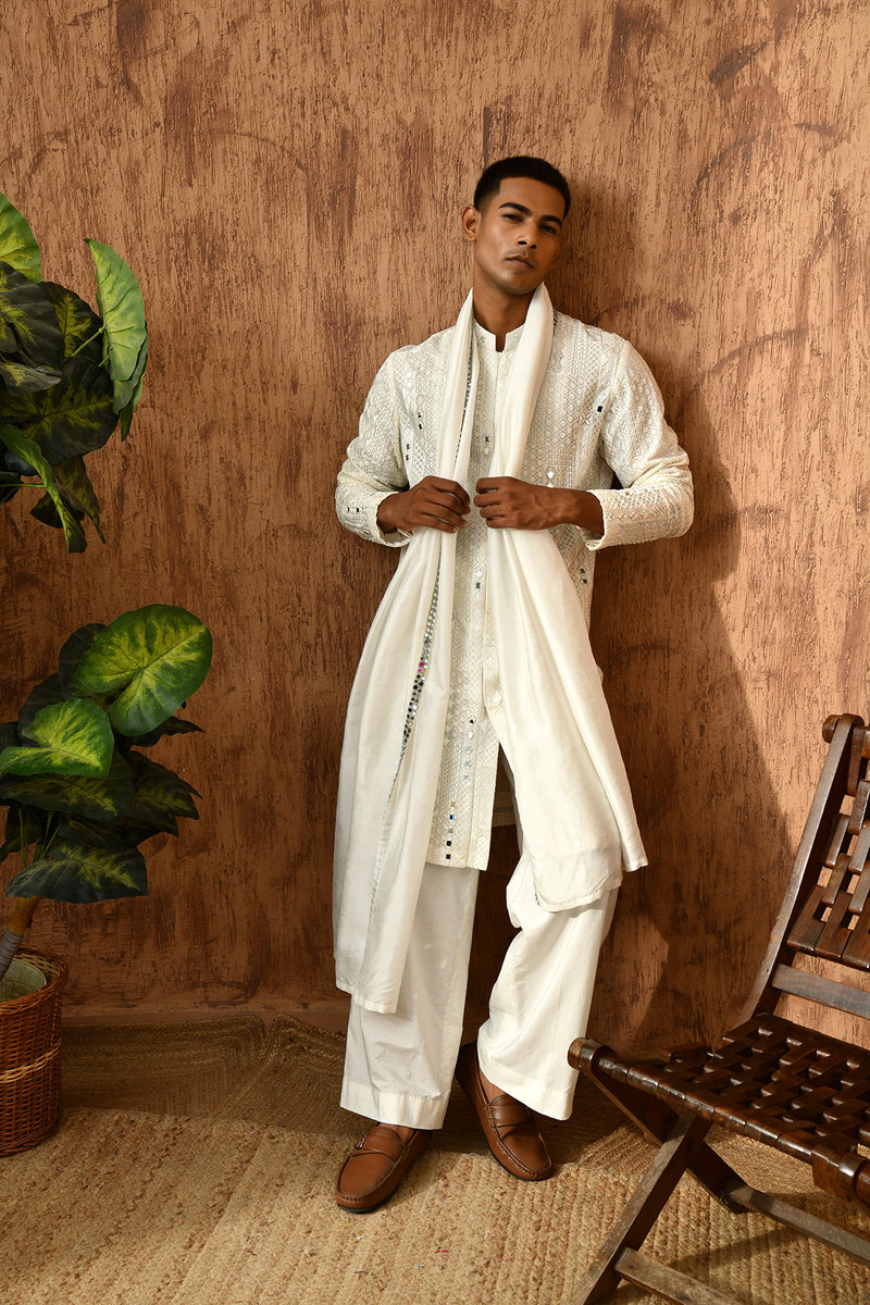 IVORY GEORGETTE mens kurta pant with mirrorwork