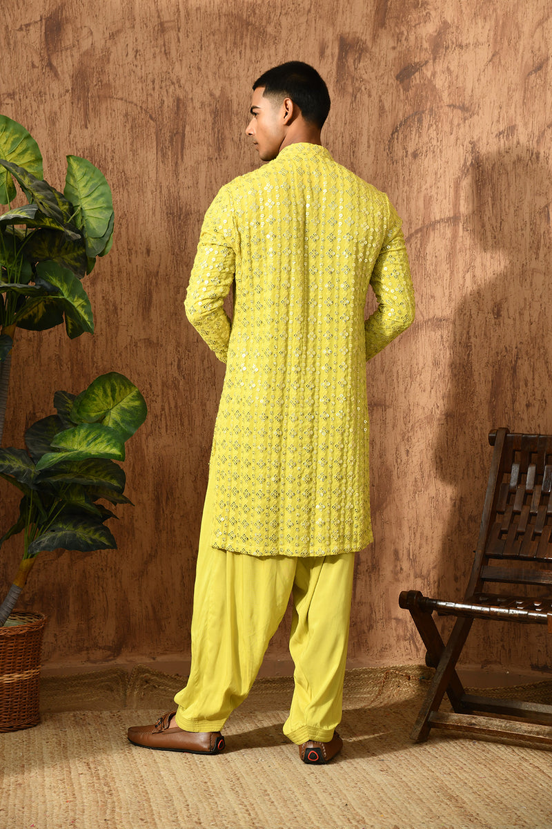 GREEN GEORGETTE mens kurta salwar with sequencework