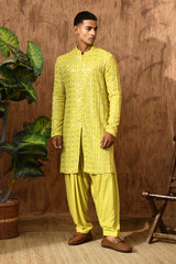 GREEN GEORGETTE mens kurta salwar with sequencework