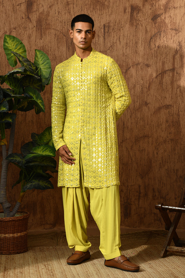 GREEN GEORGETTE mens kurta salwar with sequencework