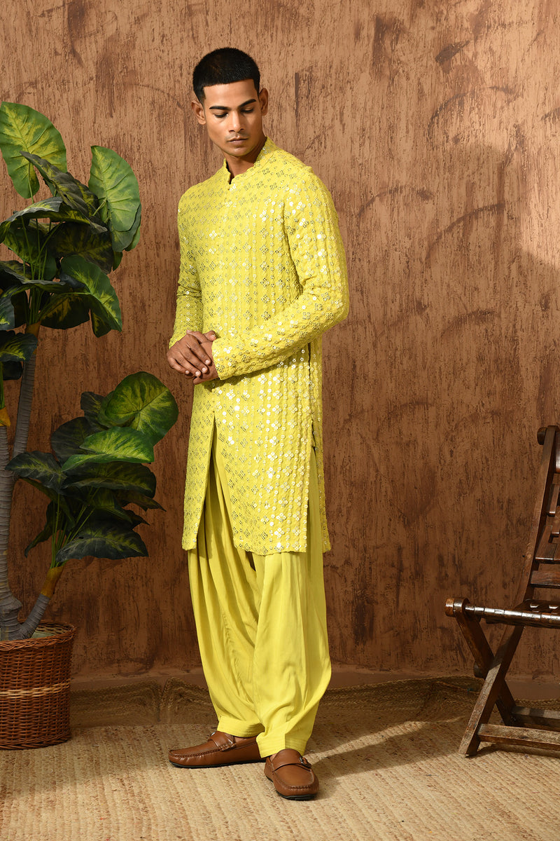 GREEN GEORGETTE mens kurta salwar with sequencework