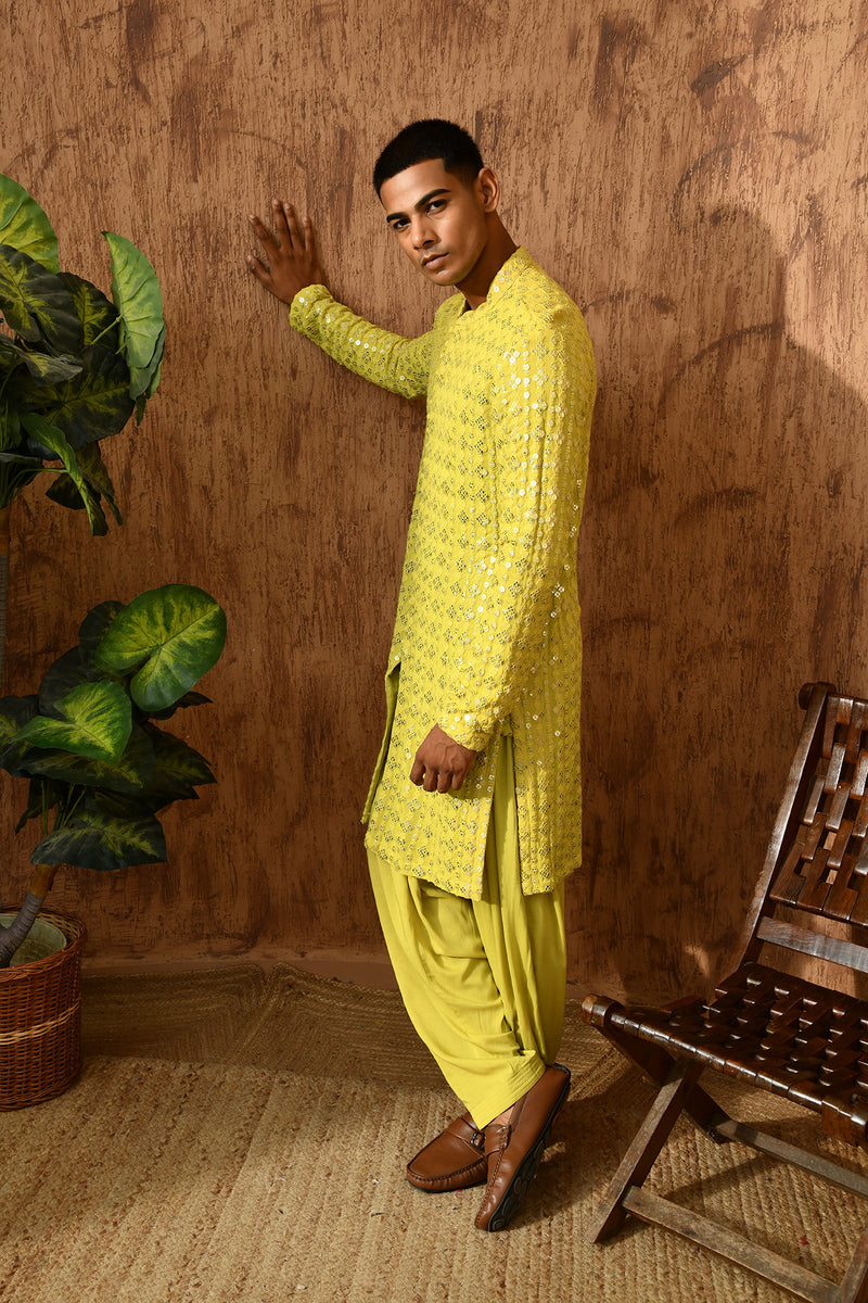 GREEN GEORGETTE mens kurta salwar with sequencework