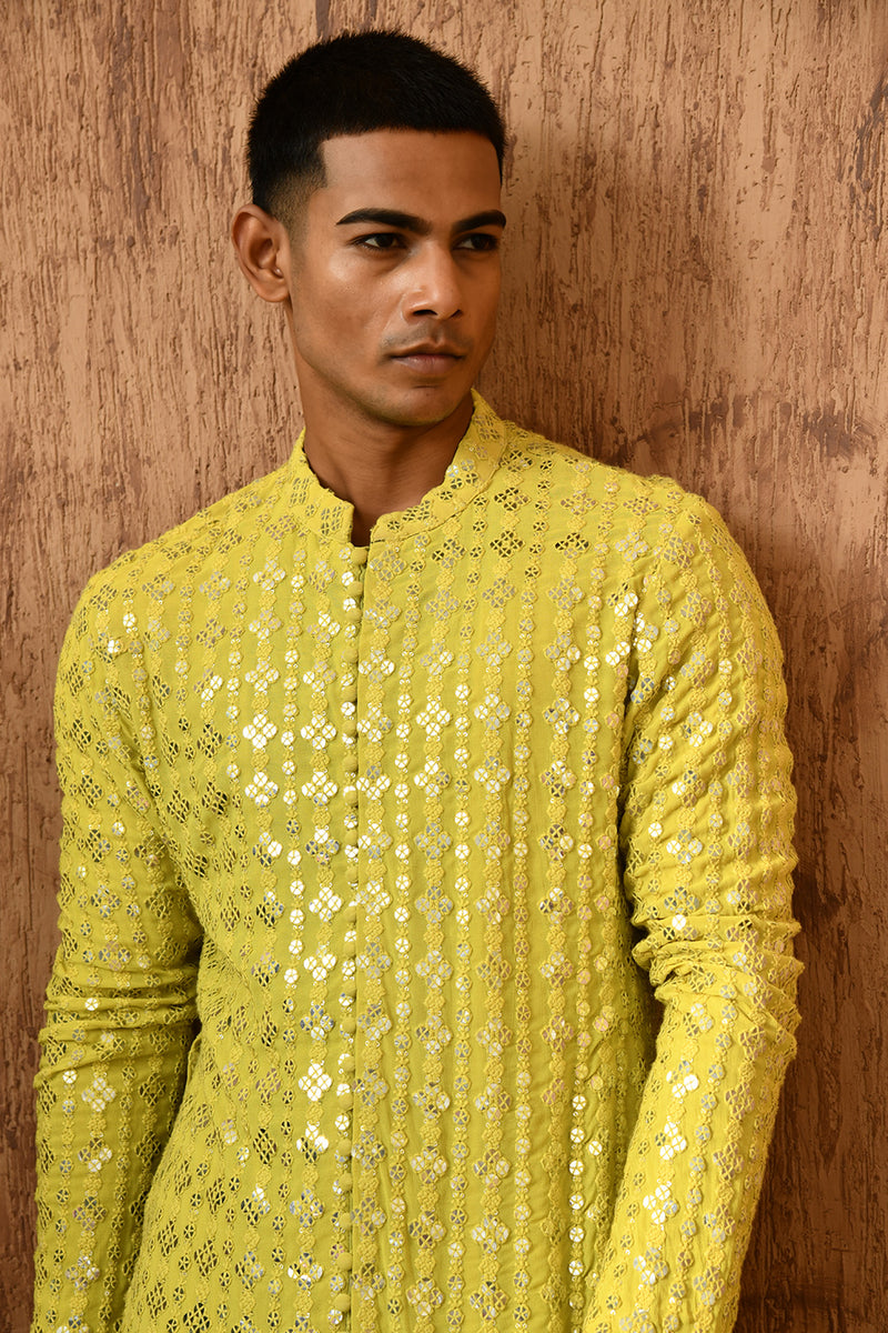 GREEN GEORGETTE mens kurta salwar with sequencework