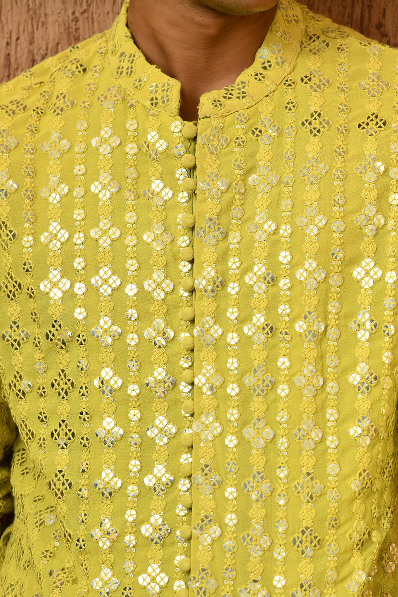 GREEN GEORGETTE mens kurta salwar with sequencework