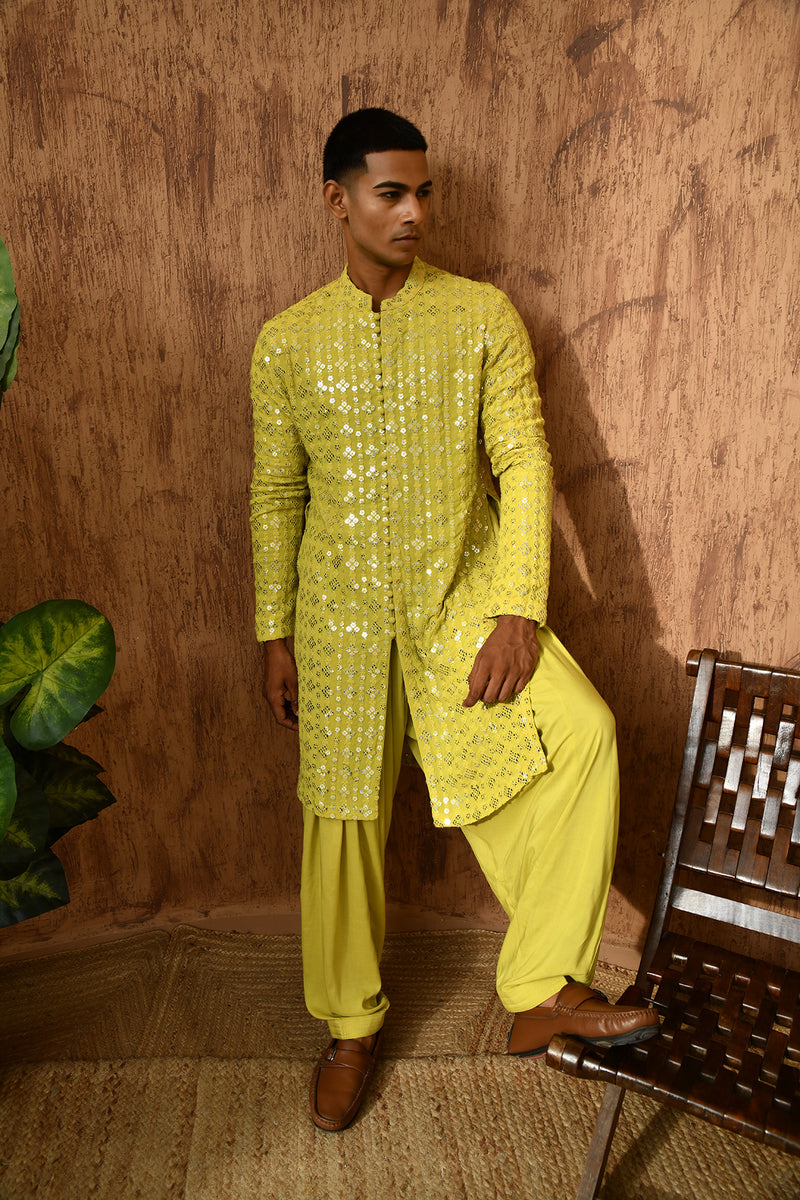 GREEN GEORGETTE mens kurta salwar with sequencework