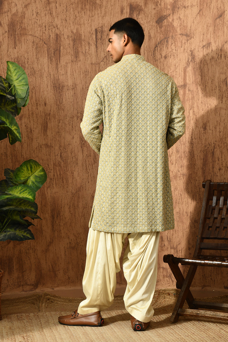 GREEN GEORGETTE mens kurta salwar with threadwork