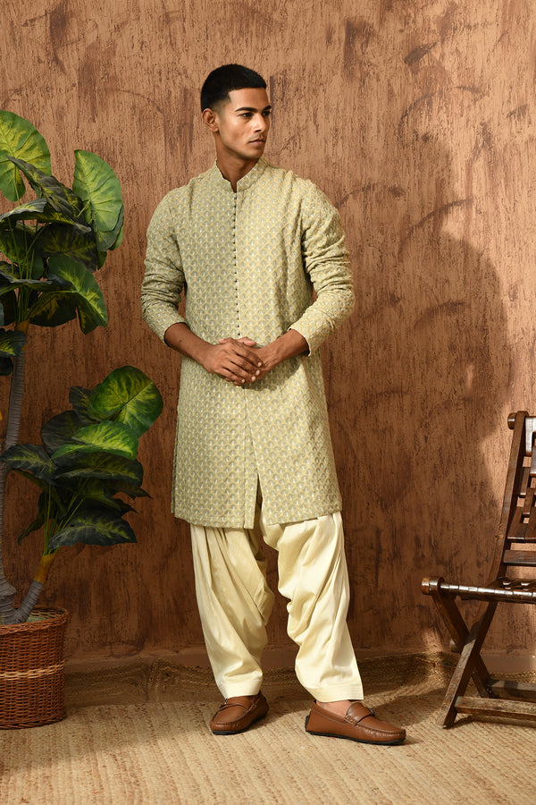 GREEN GEORGETTE mens kurta salwar with threadwork