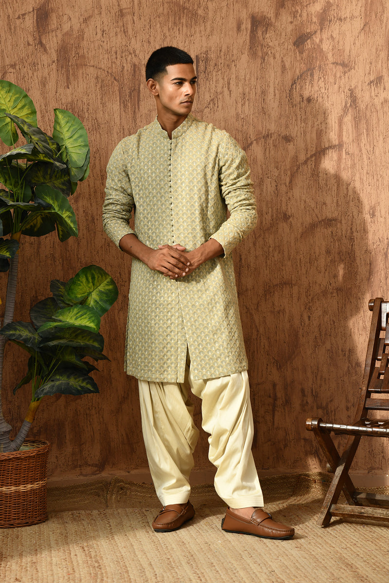 GREEN GEORGETTE mens kurta salwar with threadwork