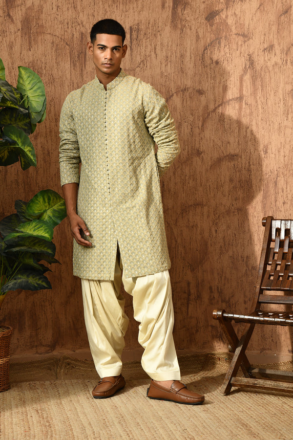 GREEN GEORGETTE mens kurta salwar with threadwork