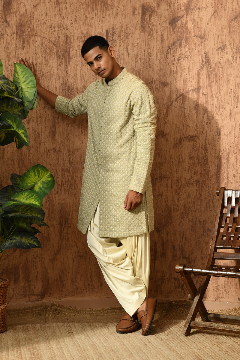 GREEN GEORGETTE mens kurta salwar with threadwork